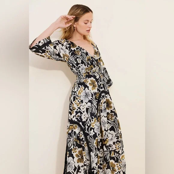 Free People Dixie Maxi Chic Black and Gold Floral Dress